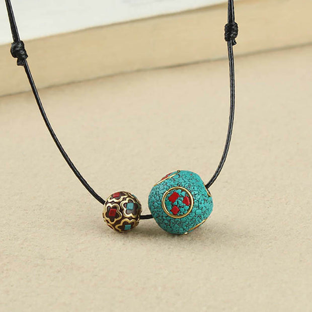 Buddha Stones Tibetan Turquoise Double Bead Protection Strength Necklace Pendant Necklaces & Pendants BS 5
