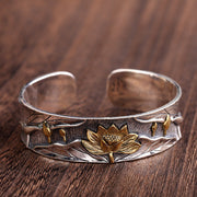 Buddha Stones 925 Sterling Silver Lotus Flower Calm Bracelet Adjustable Bangle