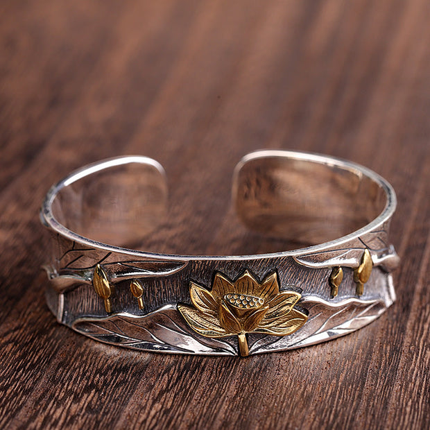 Buddha Stones 925 Sterling Silver Lotus Flower Calm Bracelet Adjustable Bangle Bracelet BS 14