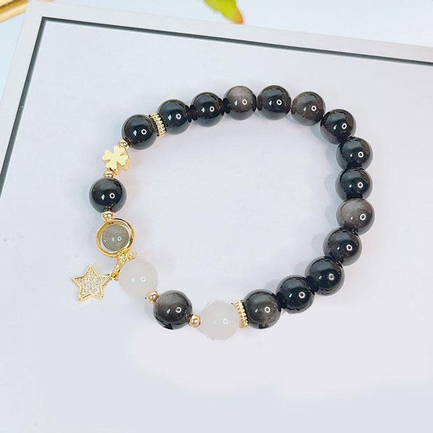 Buddha Stones Natural Silver Sheen Obsidian Love Heart Star Flower Protection Bracelet