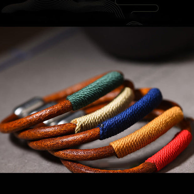 Buddha Stones Tibetan Leather Handmade Five Elements Luck Braid String Buckle Bracelet Bracelet BS 15