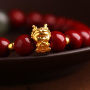 Buddha Stones 999 Gold Year of the Dragon Natural Cinnabar Jade Copper Coin Fu Character Blessing Bracelet Bracelet BS 7