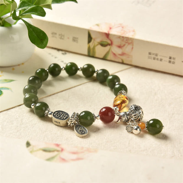 Buddha Stones 925 Sterling Silver Hetian Cyan Jade Gourd Amber Success Bracelet Bracelet BS 4