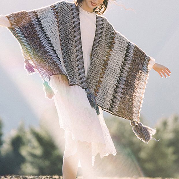 Buddha Stones Tibetan Shawl Gray Brown Striped Knitted Tassels Winter Cozy Travel Scarf Wrap