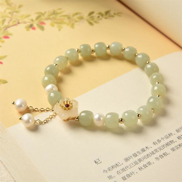Buddha Stones Hetian Jade Flower Pearl Happiness Abundance Bracelet Bracelet BS 6