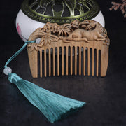 Buddha Stones Green Sandalwood Fox Peony Flower Lotus Engraved Cure Tassel Comb