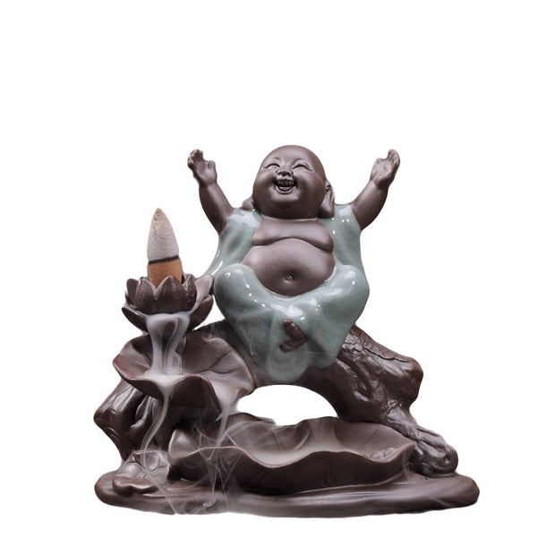 Buddha Stones Little Monk Ceramic Lotus Blessing Incense Burner Decoration