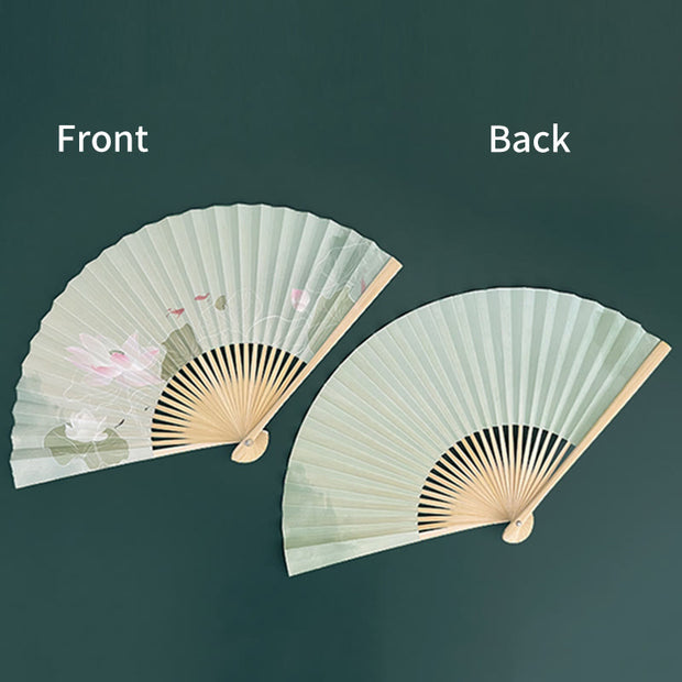 Buddha Stones Lotus Flowers Leaf Koi Fish Handheld Paper Bamboo Folding Fan Folding Fan BS 7