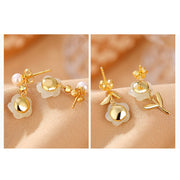 Buddha Stones 925 Sterling Silver Plated Gold Jade Rose Flower Cyan Jade Pearl Luck Earrings Earrings BS 7