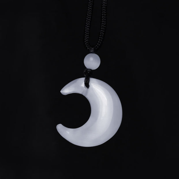 Buddha Stones Natural Silver Sheen Obsidian Selenite Crystal Crescent Moon Yin Yang Couple Protection Necklace Pendant Necklaces & Pendants BS 11