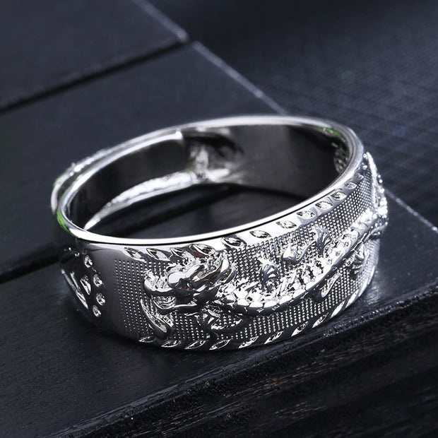 Buddha Stones FengShui Dragon Protection Ring Ring BS Silver