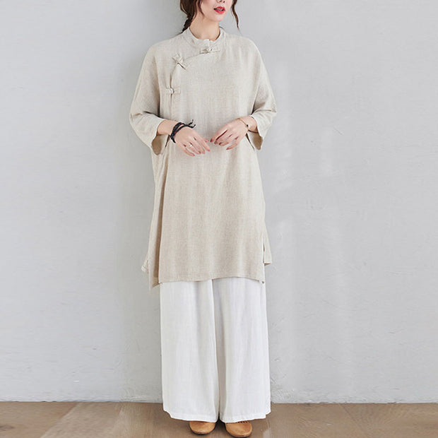 Buddha Stones 2Pcs Plain Design Zen Tai Chi Meditation Clothing Cotton Linen Top Pants Women's Set Clothes BS 1