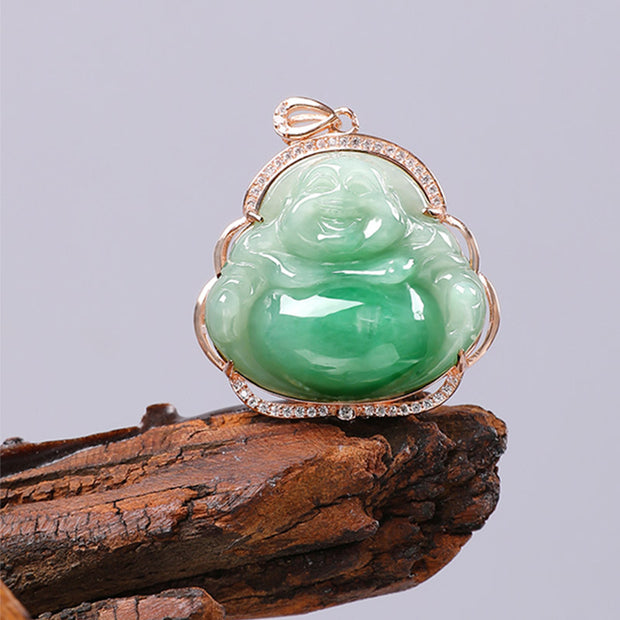 925 Sterling Silver Laughing Buddha Natural Jade Prosperity Necklace Chain Pendant Necklaces & Pendants BS 8