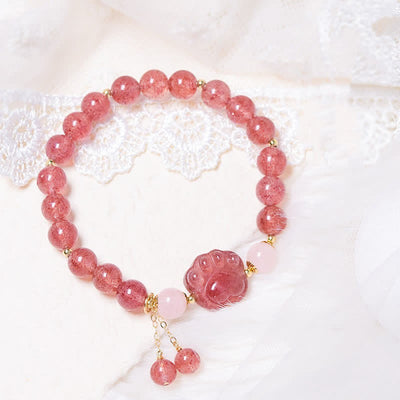 Buddha Stones Natural Strawberry Quartz Pink Crystal Lucky Cat Paw Love Bracelet Bracelet BS Strawberry Quartz