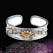Buddha Stones 925 Sterling Silver Lotus Flower Calm Bracelet Adjustable Bangle Bracelet BS 12