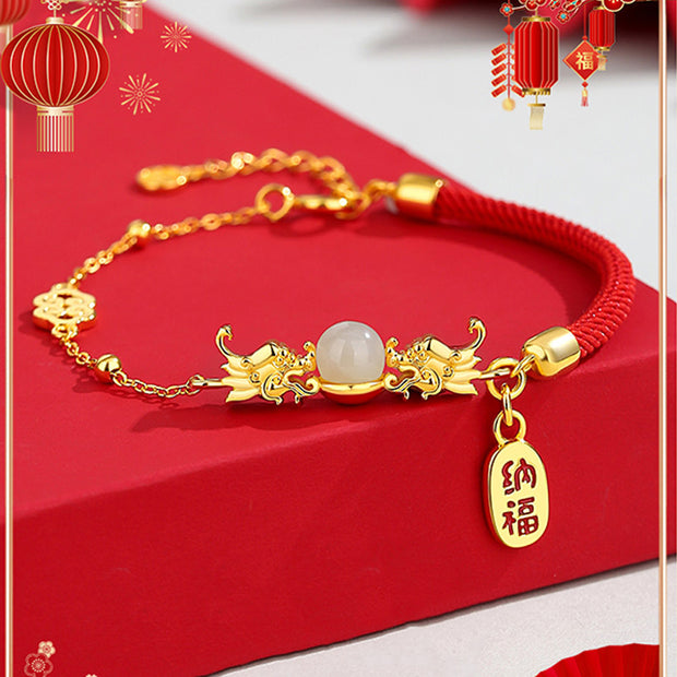 Buddha Stones Year of the Dragon 925 Sterling Silver Hetian Jade Attract Fortune Fu Character Luck Bracelet Bracelet BS 3