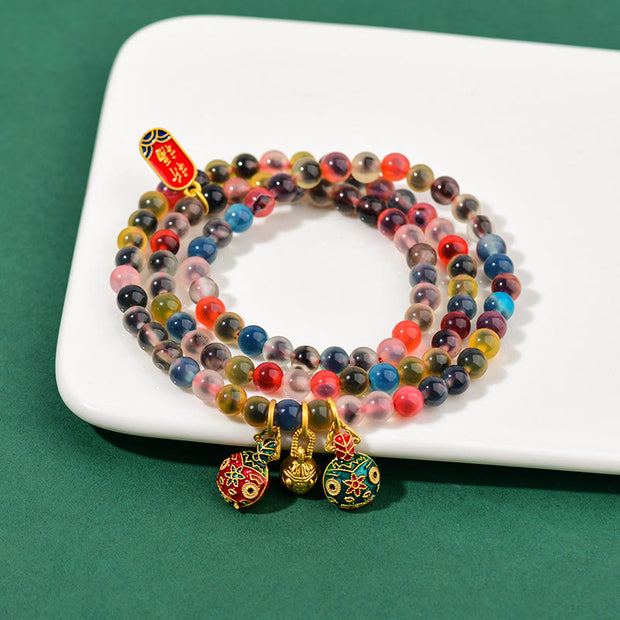 Buddha Stones Colorful Candy Agate Gold Swallowing Beast Family Strength Charm Triple Wrap Bracelet Bracelet BS 3