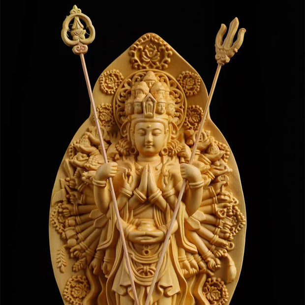 Buddha Stones Handmade Thousand-armed Avalokitesvara Kwan Yin Bodhisattva Statue Boxwood Abundance Home Decoration