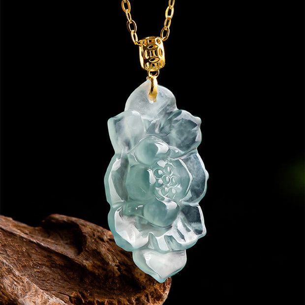 Buddha Stones 18K Gold Natural Jade Lotus Pattern Prosperity Necklace Pendant Necklaces & Pendants BS 3