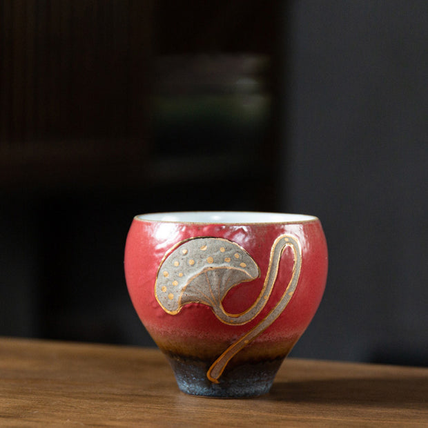 Buddha Stones Lotus Pod Engraved Teacup Kung Fu Tea Cup Cup BS Red 7.6cm*6.6cm*120ml