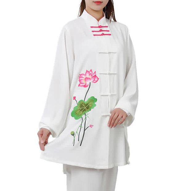 Buddha Stones Lotus Flower Leaf Pattern Tai Chi Meditation Prayer Spiritual Zen Practice Clothing Women's Set Clothes BS 19