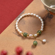 Buddha Stones 925 Sterling Silver Natural Pearl Hetian Jade Healing Bracelet Bracelet BS Pearl Jade Gold Chain