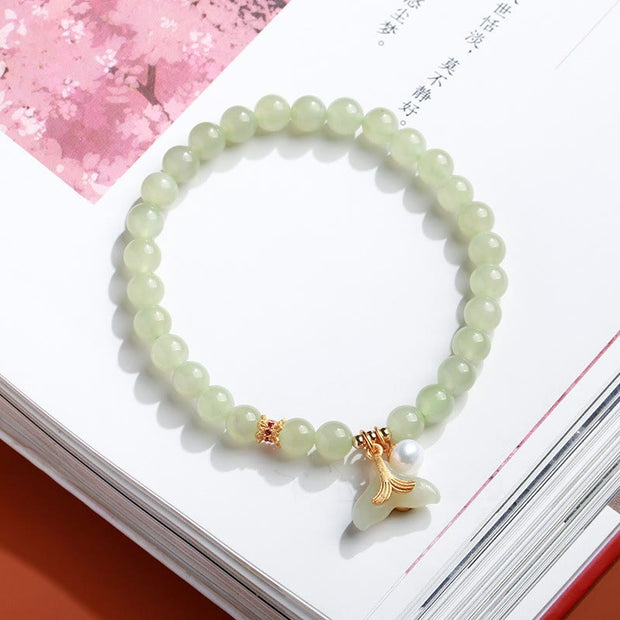 Buddha Stones 925 Sterling Silver Plated Gold Natural Hetian Jade Bead Gourd Lotus Bamboo Fu Character Luck Bracelet Bracelet BS Hetian Jade Fishtail Pearl(Wrist Circumference 14-16cm)