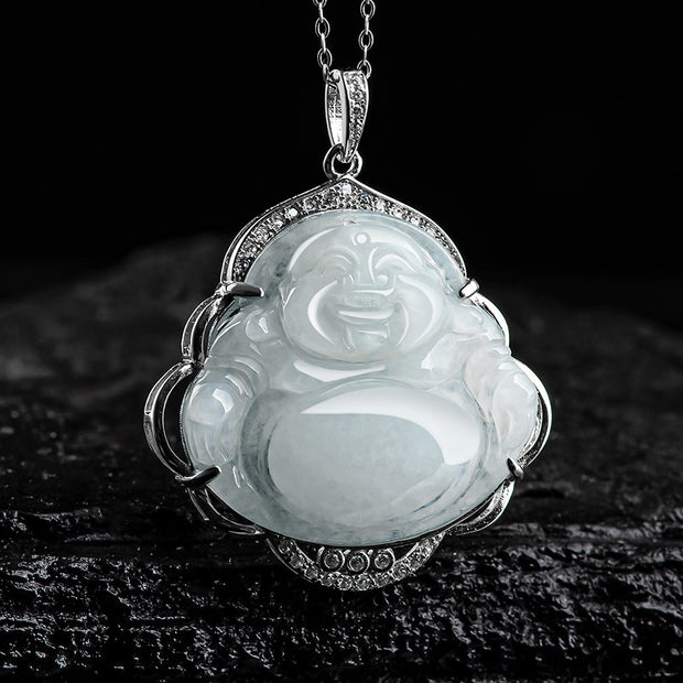 Buddha Stones 925 Sterling Silver Laughing Buddha Natural Jade Abundance Necklace Pendant Necklaces & Pendants BS 4