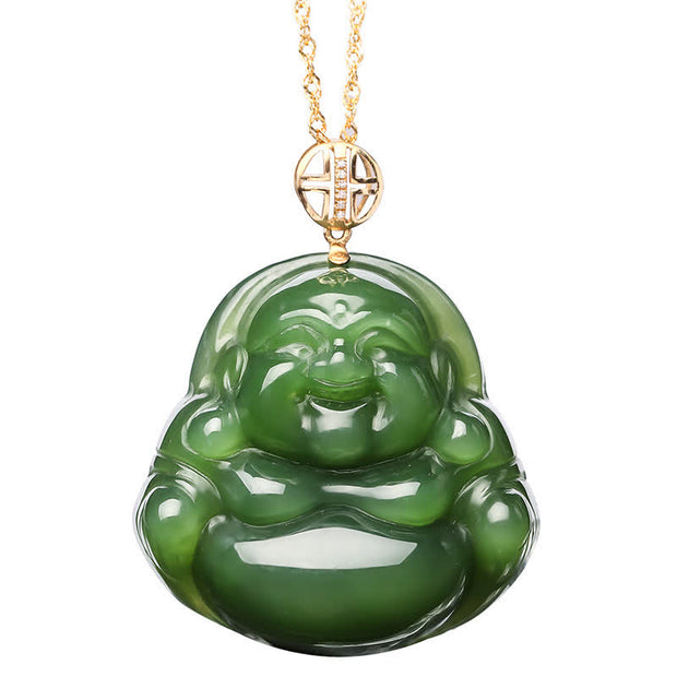 Buddha Stones 925 Sterling Silver Laughing Buddha Hetian Cyan Jade 18K Gold Success Necklace Chain Pendant Necklaces & Pendants BS 9