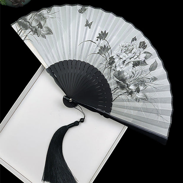 Buddha Stones Vintage Bamboo Peony Butterfly Lotus Handheld Silk Folding Fan With Bamboo Frames Folding Fan BS Peony Butterfly