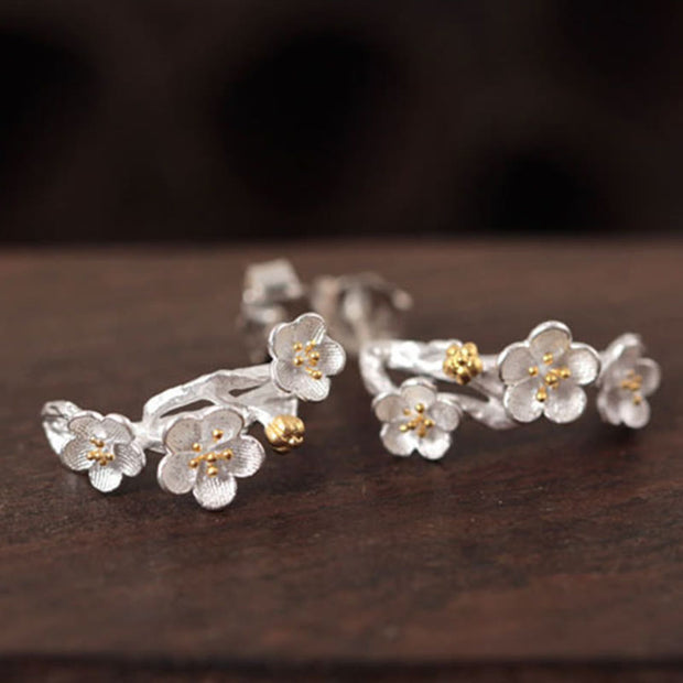 Buddha Stones 925 Sterling Silver Plum Blossom Floral Blessing Earrings Earrings BS 10