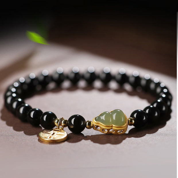 Buddha Stones Natural Black Obsidian Hetian Jade Gourd Double Happiness Strength Bracelet Bracelet BS 3