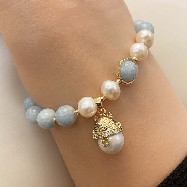 Buddha Stones Aquamarine Pearl Peace Healing Lucky Cat Charm Bracelet Bracelet BS 2