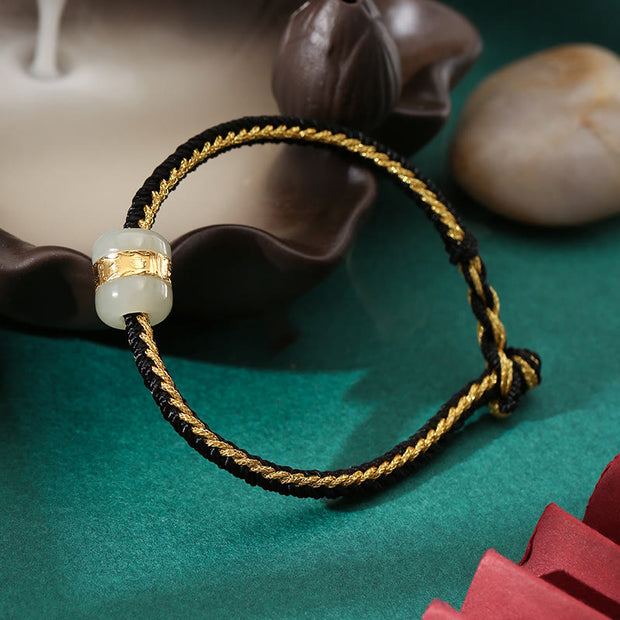 Buddha Stones 999 Gold Hetian White Jade Om Mani Padme Hum Fu Character Luck Braided Bracelet Bracelet BS Black Gold 23cm