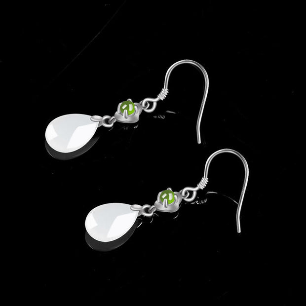 Buddha Stones 925 Sterling Silver Natural Hetian White Jade Water Drop Design Protection Drop Dangle Earrings Earrings BS 2