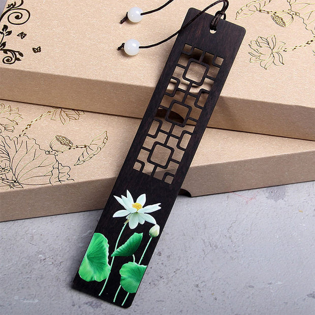 Buddha Stones Green Lotus Bamboo Oriole Ebony Wood Bookmarks With Gift Box Bookmarks BS Lotus-2