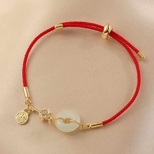 Buddha Stones 18K Gold Plated Hetian Jade Peace Buckle Fu Character Luck Red Rope Bracelet Bracelet BS 10