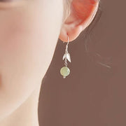Buddha Stones 999 Sterling Silver Hetian Jade Bead Bamboo Leaf Luck Drop Dangle Earrings Earrings BS 6