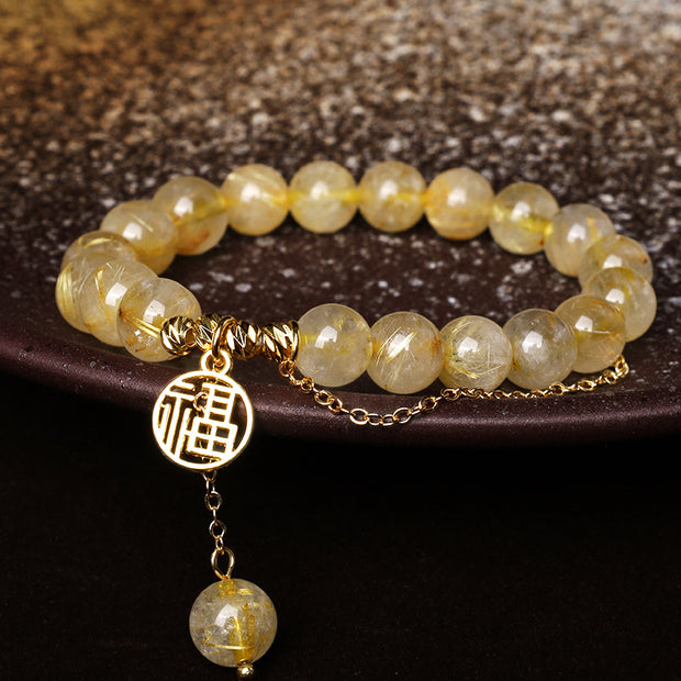 Buddha Stones Citrine Lucky Fu Character Happiness Bracelet