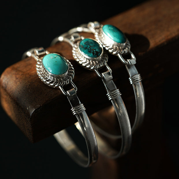 Buddha Stones 925 Sterling Silver Turquoise Balance Protection Handmade Nepal Bracelet Bangle