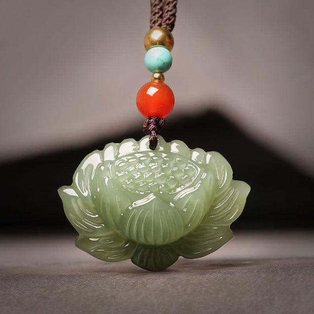 Buddha Stones Hetian Cyan Jade Lotus Flower Success Necklace Pendant Necklaces & Pendants BS Hetian Cyan Jade(Success ♥ Healing)