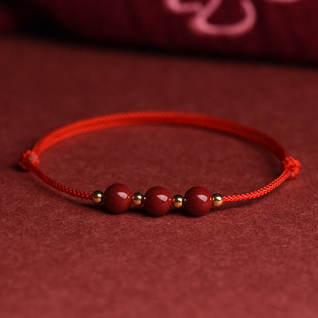 Buddha Stones Natural Lucky Cinnabar Bead Blessing String Bracelet Anklet Bracelet BS Three Cinnabar Bead Red Bracelet(Wrist Circumference 14-18cm)