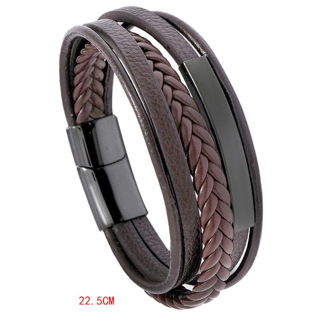 Buddha Stones Simple Design Titanium Steel Leather Luck Bracelet Bracelet BS Black 22.5cm