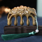 Buddha Stones Green Sandalwood Plum Blossom Flowers Lotus Koi Fish Engraved Soothing Tassel Comb
