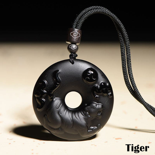 Buddha Stones Chinese Zodiac Natural Black Obsidian Peace Buckle Strength Necklace Pendant Necklaces & Pendants BS Tiger