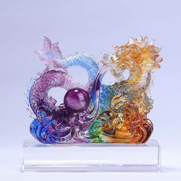 Buddha Stones Year of the Dragon Handmade Dragon Playing With Pearl Ingot Liuli Crystal Art Piece Protection Home Office Decoration Decorations BS Dragon with Base 14.5*7*13.5cm/5.71*2.76*5.31Inch
