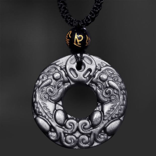 Buddha Stones Natural Silver Sheen Obsidian Double PiXiu Copper Coin Peace Buckle Protection Necklace Pendant Necklaces & Pendants BS 3
