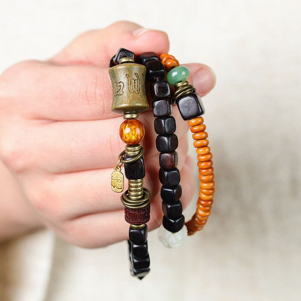 Buddha Stones Green Sandalwood Ebony Om Mani Padme Hum Engraved Peace Triple Wrap Bracelet