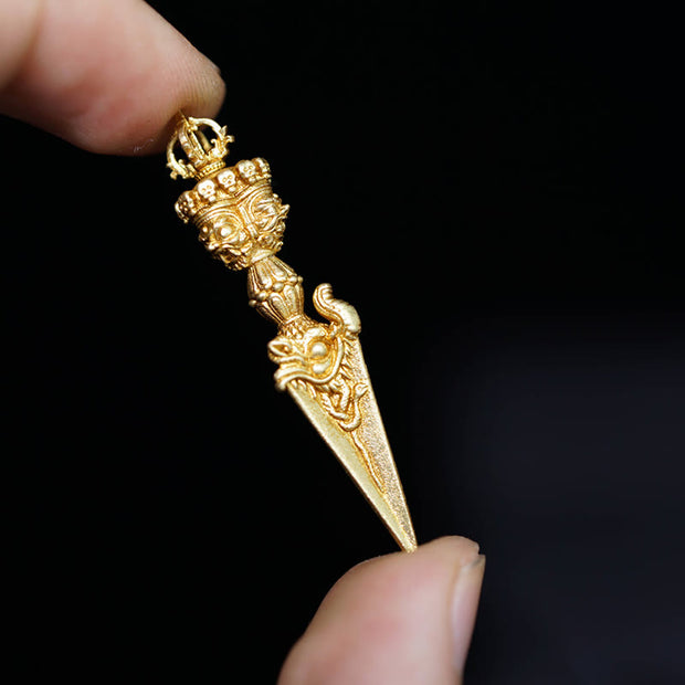 Buddha Stones Tibet Dorje Vajra Engraved Spiritual Power Pendant Hanging Decoration Dorje BS Gold Pendant Only(9.6*47mm)