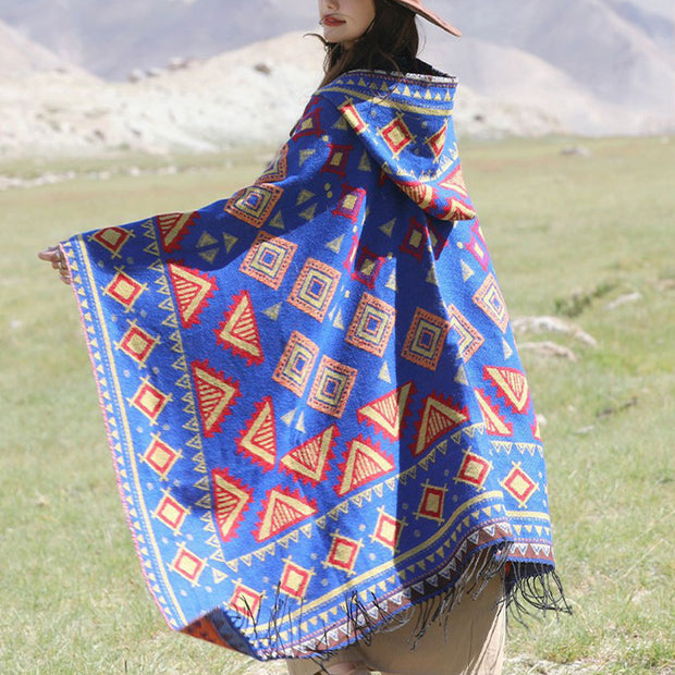 Buddha Stones Tibetan Shawl Triangle Pattern Hooded Cloak Winter Cozy Travel Scarf Wrap